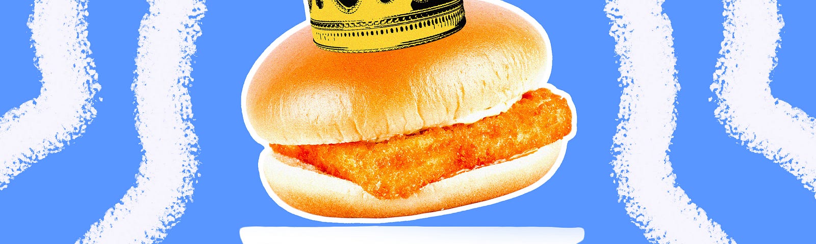 A photo illustration of a generic fish sandwich wearing a crown, placed on a pedestal.