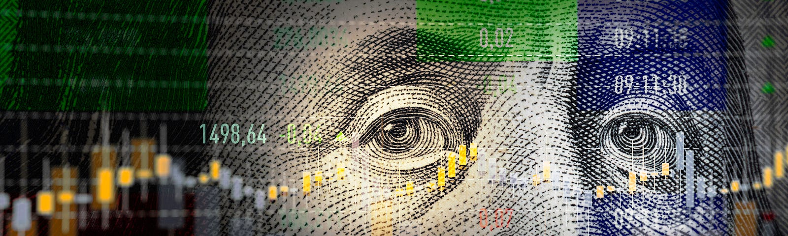 A photo illustration of a generic stock financial data analysis graph superimposed  over a close up  $100 US  dollar bill.