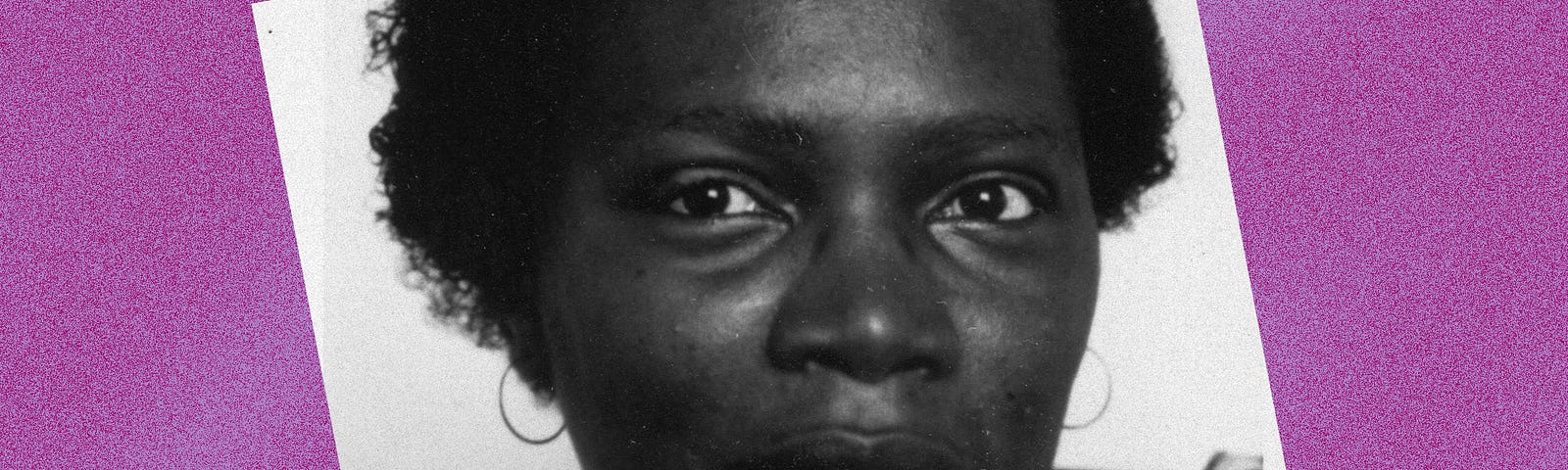 Black and white closeup photo of Pat Parker against a violet background.