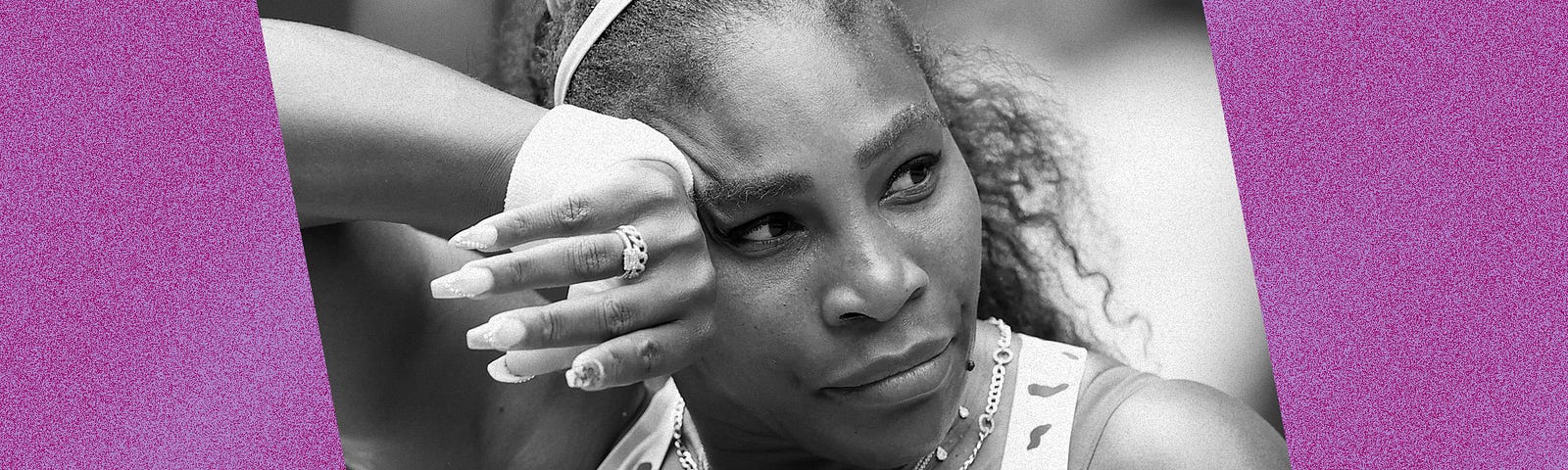 Black and white photo of Serena Williams against a violet background.