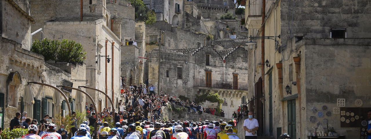 Cyclists race during the early days of Giro d’Italia 2020