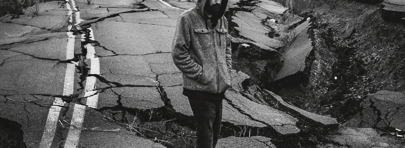 A man stands on a cracked road, staring at a landscape devastated by an earthquake.