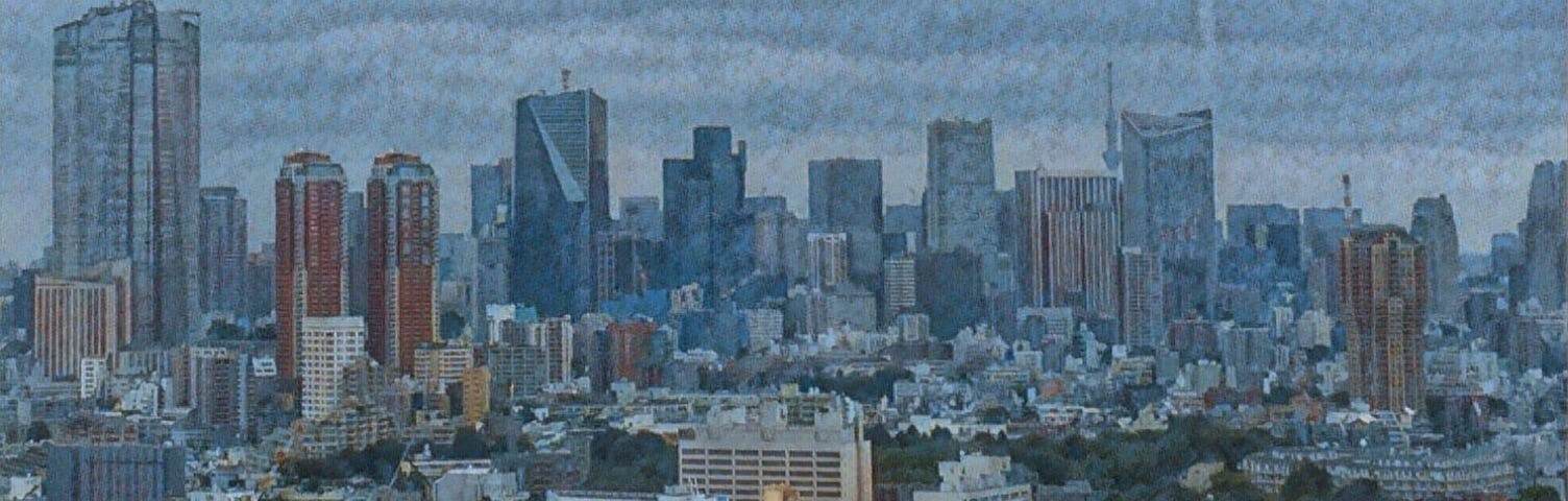A watercolor style photograph of a city skyline.