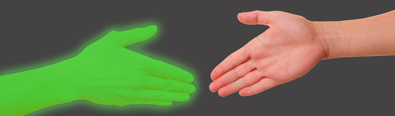 A glowing neon green hand is extended toward a light-skinned human hand as if the two are about to shake.