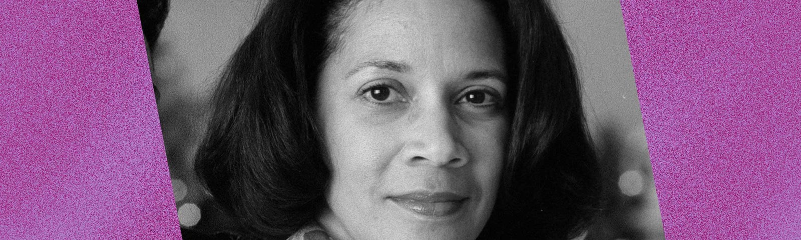 Black and white photo of Karen Grigsby Bates against a violet background.