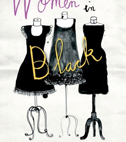 hand drawn book cover of three shop mannequins wearing black cocktail dresses