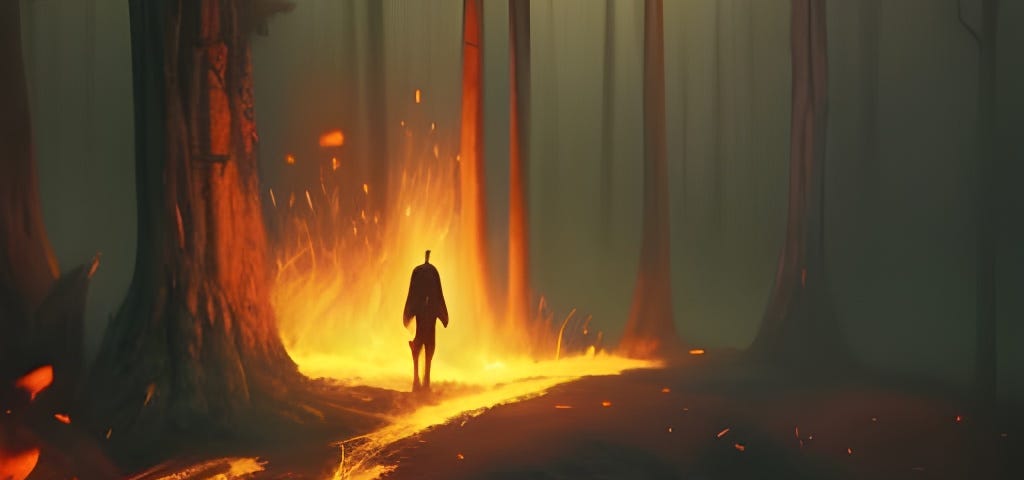 A figure in the woods on fire…