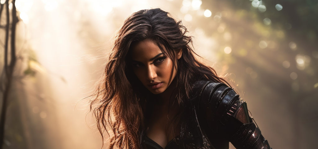 A long haired woman in a leather outfit, holding a weapon