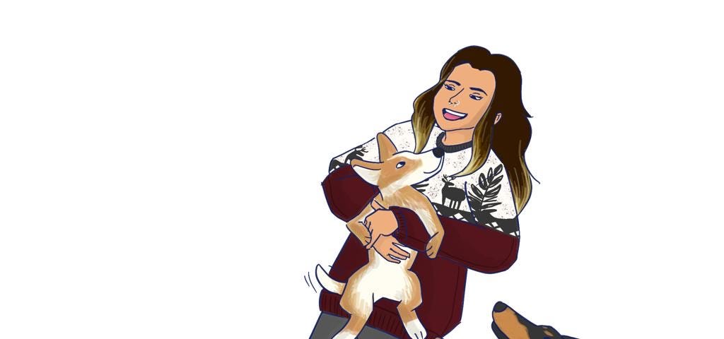An illustration of Sada Piqolette with three different dogs, drawn by @denaaayuni.