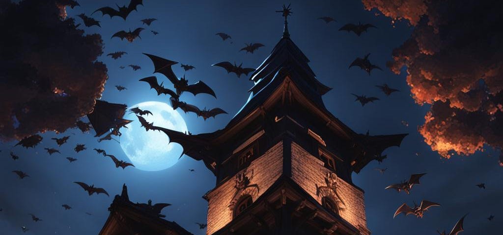 A tower with bats all around, moonlit sky