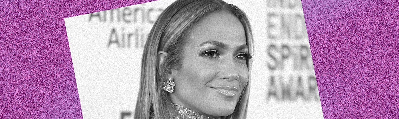 Black and white photo of Jennifer Lopez against a violet background.