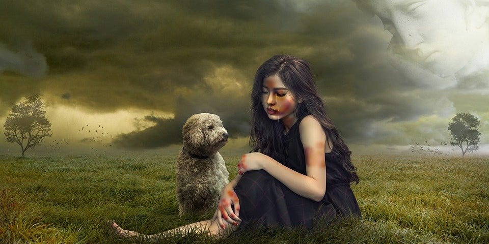 Young girl and dog on grass with clouds in background. Looks like a painting.