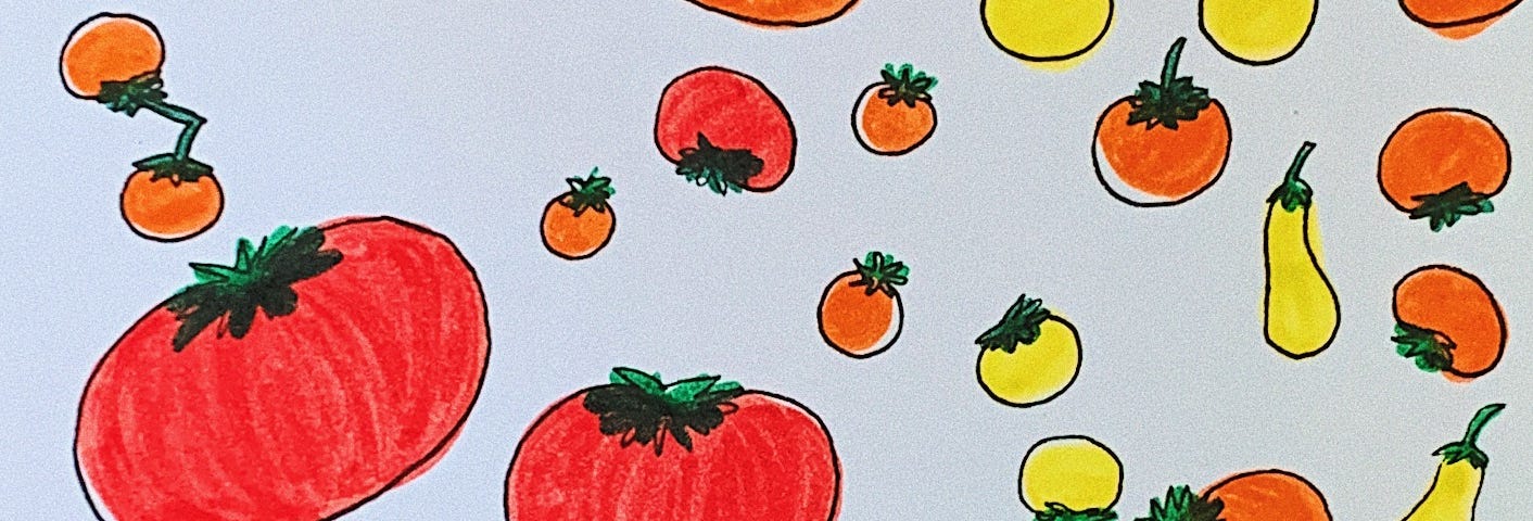 an illustration of tomatoes in different sizes and shapes, colored in with red, orange, and yellow markers