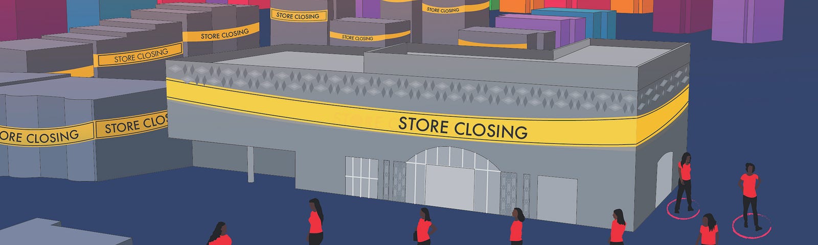 A graphic illustration of a big store with a “store closing” sign wrapped around it. Women wait in line 6 feet apart.