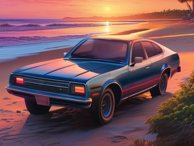 Car on a sunset beach
