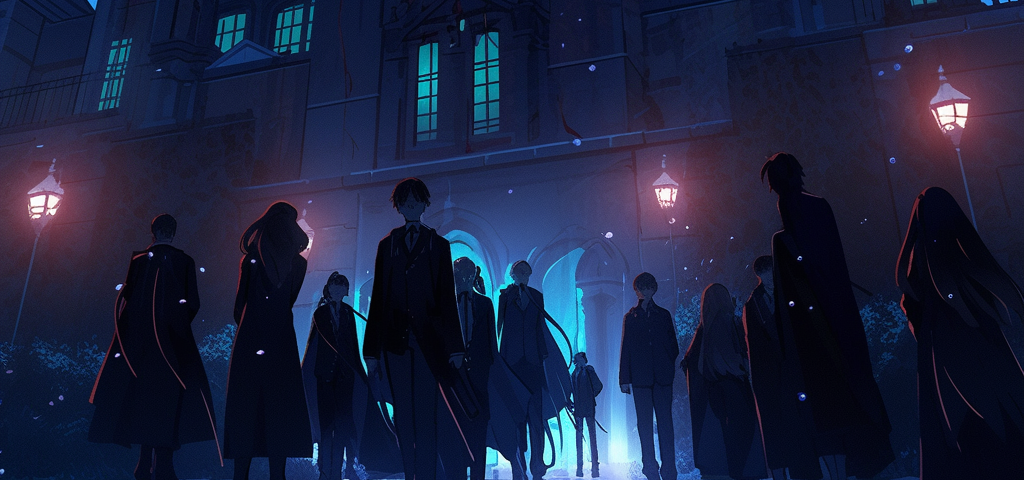 Students in shadows stand in front of a magical high school at night.