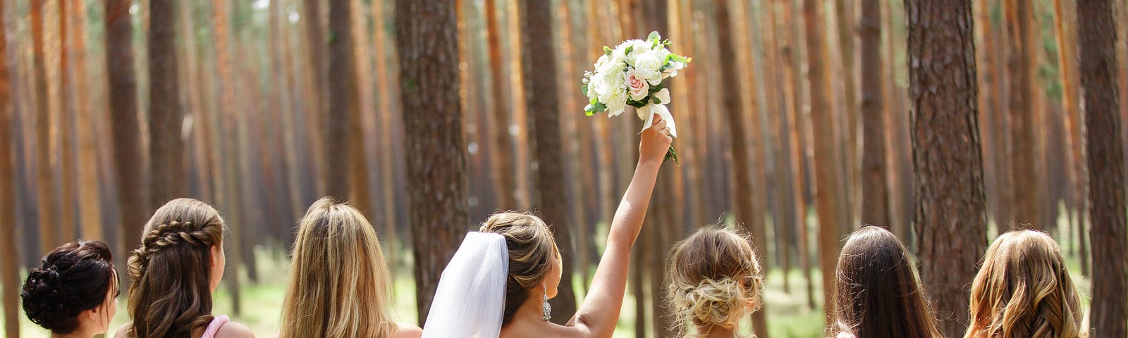 A bride and her bridesmaids face away from the camera.