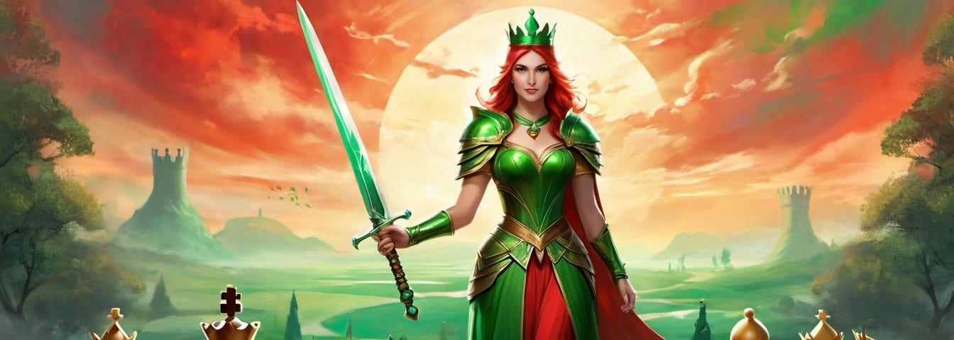 queen wearing a green and red dress holding a sword standing on a chess board at sunset