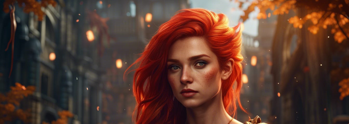 Gorgeous red-haired woman standing in a suspenseful, dynamic environment. She looks serious and solemn.