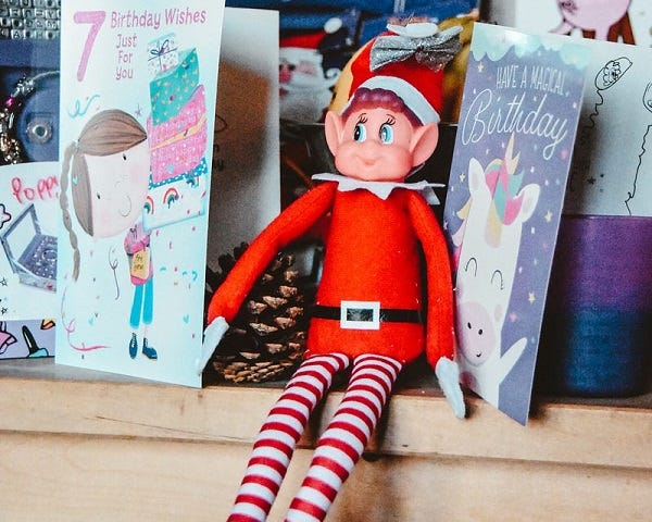 Picture of an Elf on the Shelf, or as we call him “Elfie.”
