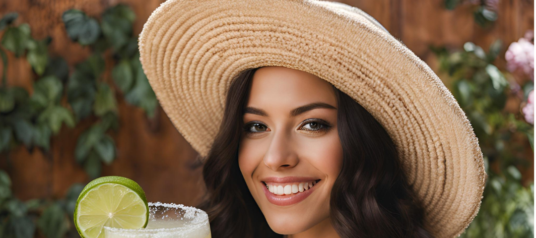 Dark-haired girl with a big hat smiling and holding a margarita!