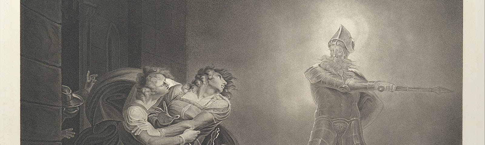 Black and white print of Hamlet, Horatio, & Marcellus and the Ghost on stage
