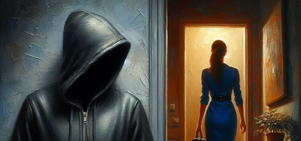 A Woman in a blue dress walks upstairs in her house while a man lurks in the shadows watching her.