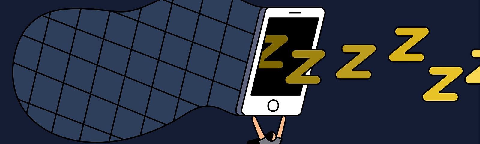 Illustration of a person wearing pajamas, holding a huge phone attached to a net, trying to capture floating yellow Z’s.