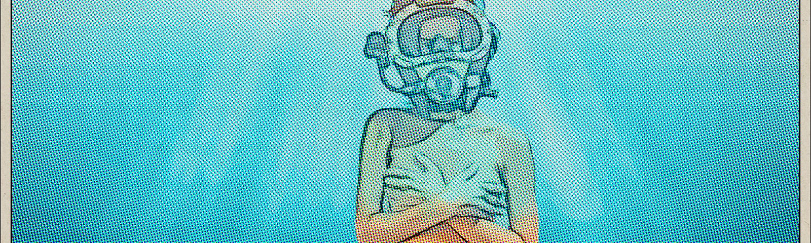 Woman in diving helmet covers breasts