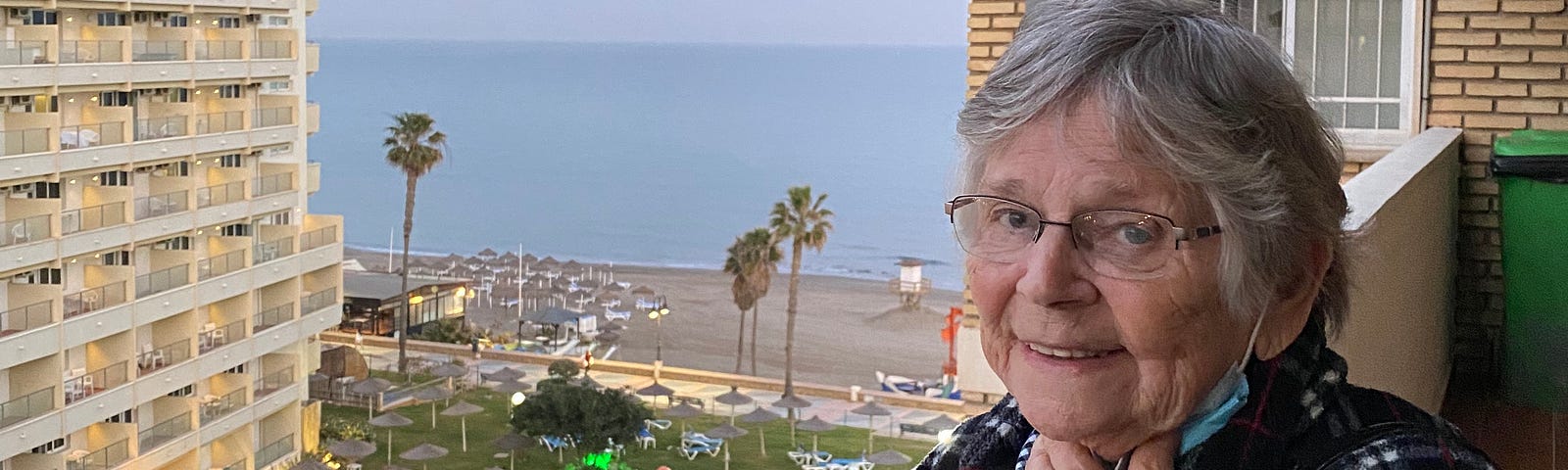 The author’s mother on the balcony of a hotel in Malaga.