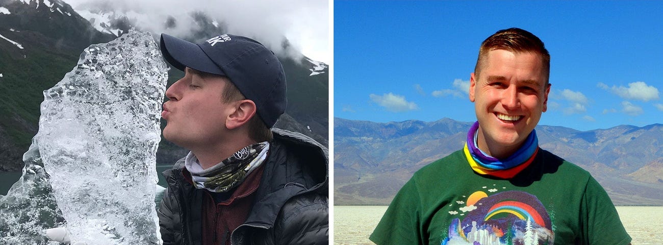 Left: Mikah Meyer kisses a block of ice in Kenai Fjords National Park, Alaska. Right: Meyer holds a map of his route at Badwater Basin in Death Valley National Park, California.