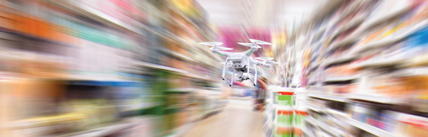 Shopping cart chasing drone illustration.