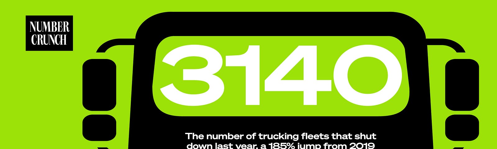 An illustration of a truck with the Number Crunch logo and the text “3,140: The number of U.S. trucking fleets that shut down last year, a 185% jump from 2019. Source: Wall Street Journal.”