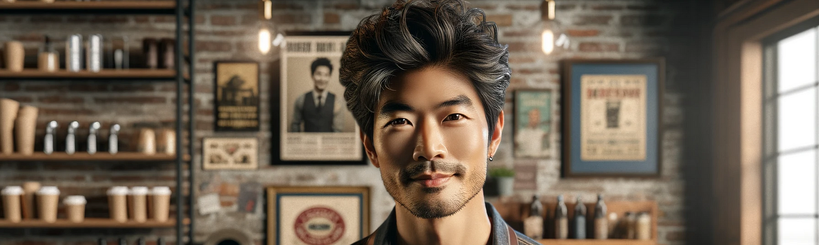 An image of Jason, an Asian American barista, standing in his cozy, eclectic coffee shop.