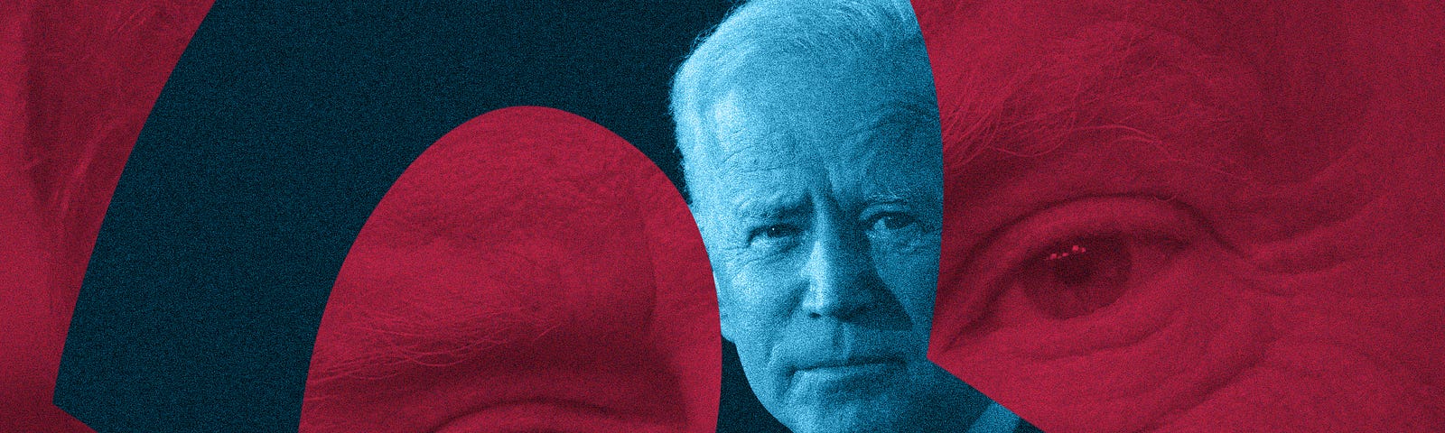 Red background close-up of Trump’s face against a question mark-shaped blue cut out of Joe Biden in foreground.