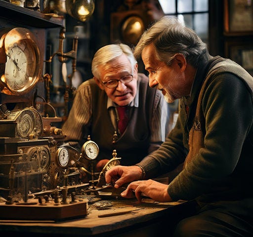 a customer talking to a Swiss watchmaker in his shop