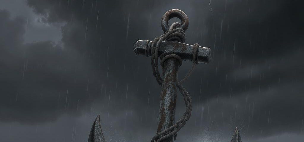 Storym night on the ocean with rain and lightning with a hug iron anchor on the survace of the water with people hanging on and trying not go be pulled under water.