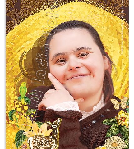 A woman wearing a knit sweater over a lace blouse smiles peacefully. She is surrounded by a golden halo, yellow flowers, a butterfly, a sweet fawn, looking up at her, and a little green hummingbird.