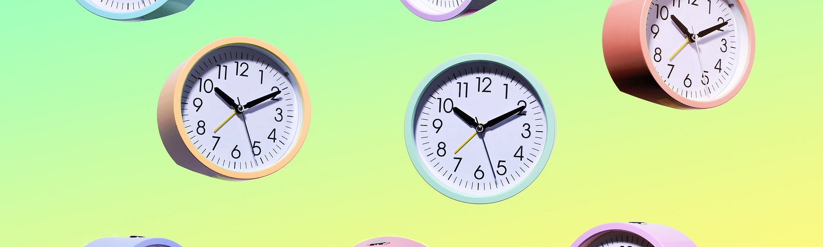 Multicolored clocks falling against a yellow-green gradient.