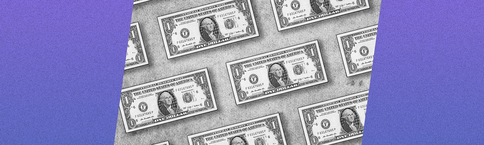 Black and white photo of one USD bills against a purple gradient background.