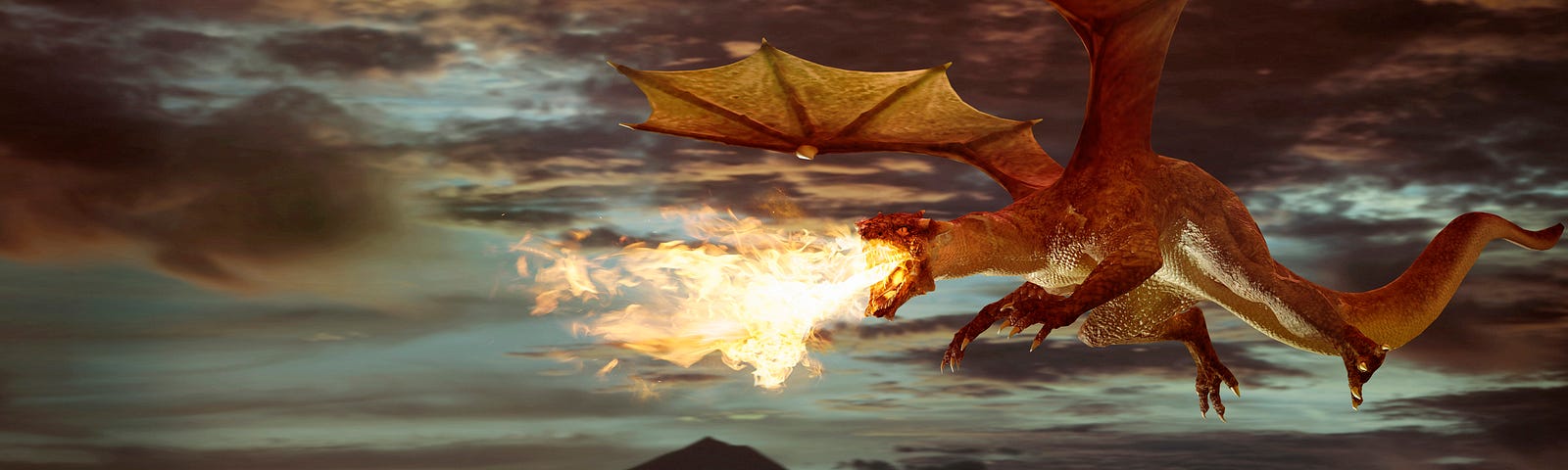 A CGI of a dragon breathing fire while flying in the air against a dark cloudy background.