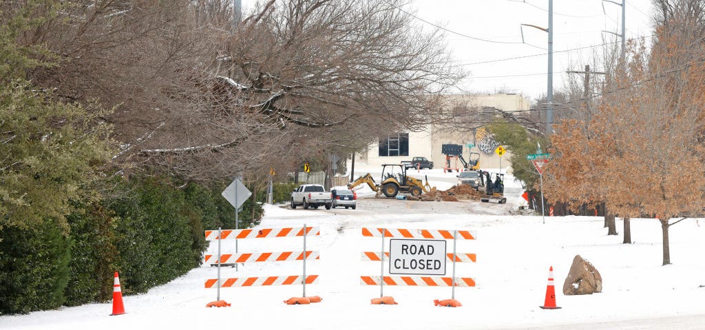 Road closure in Fort Worth, Texas, after the winter storm caused a pipe to break.