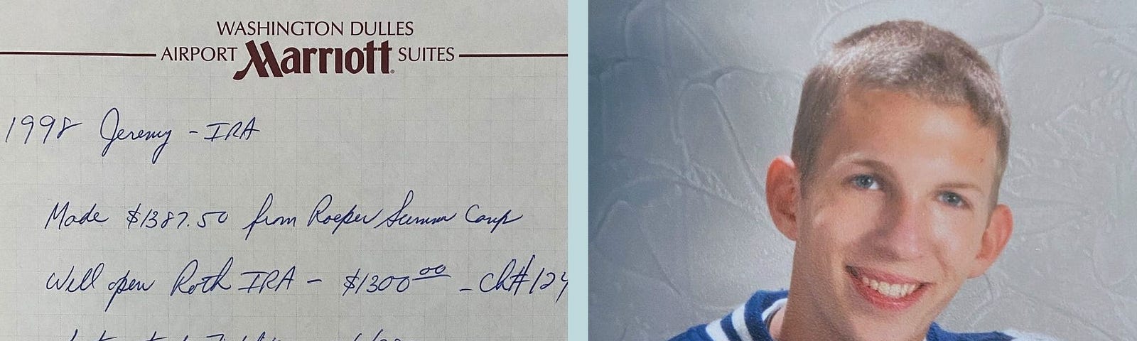 A side-by-side photo of a note written on a Marriott Suites notepad (left) and a school portrait of Jeremy Schneider (right).