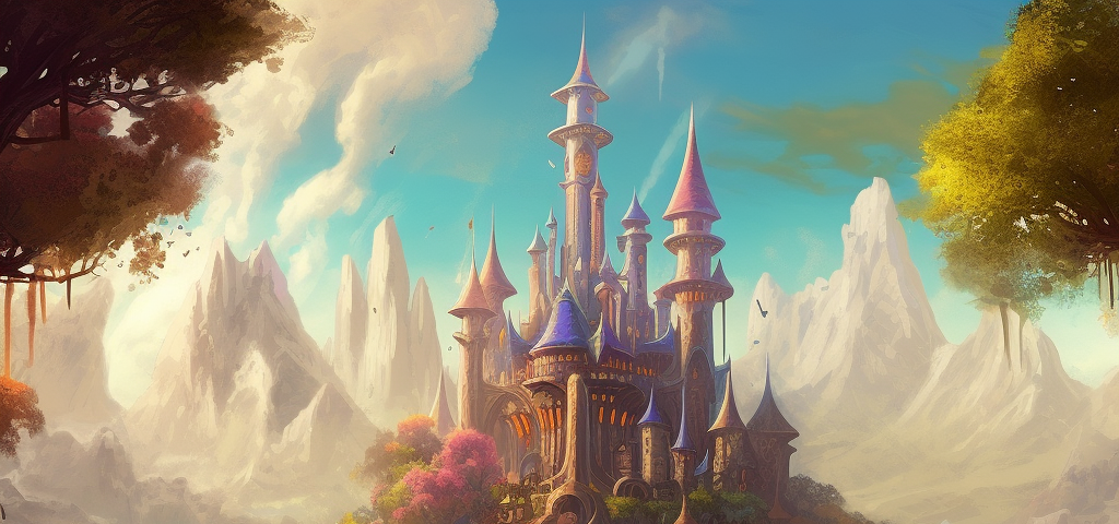 A fantasy kingdom with towers and spires, mountains in the background