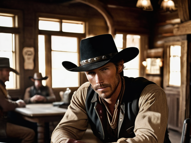 A cowboy at a table with playing cards on it in an old western saloon.