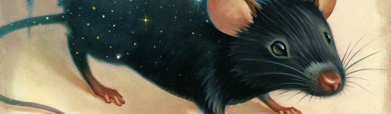 Illustration of a black mouse. At its midsection, its fur turns into a galaxy of stars.