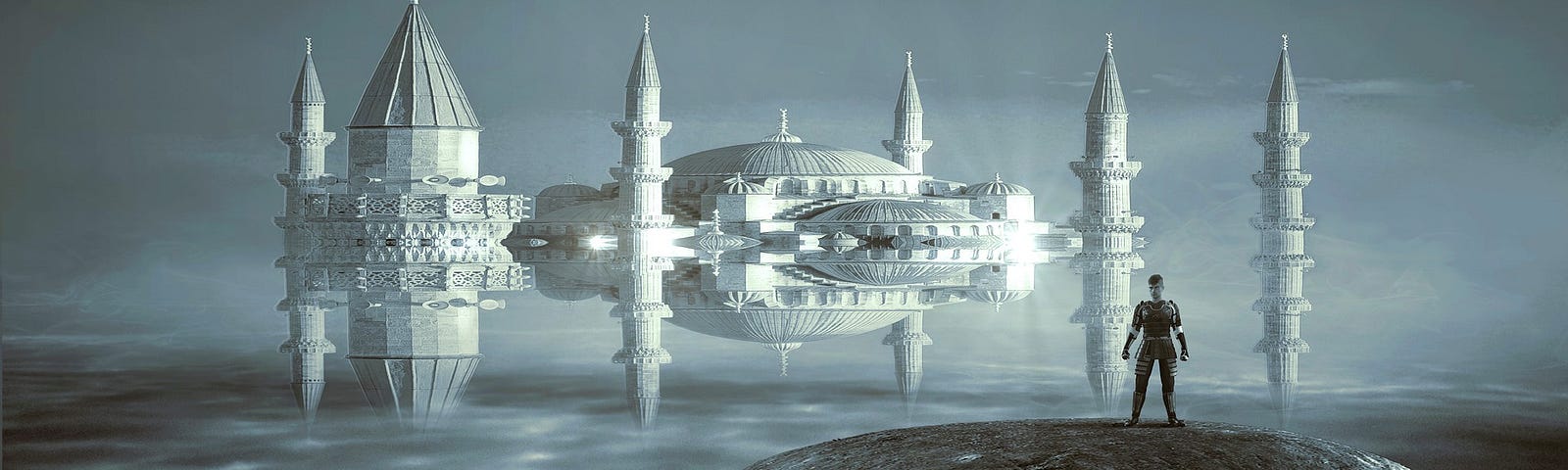 A man standing on a floating rock in front of a space age white fantasy castle