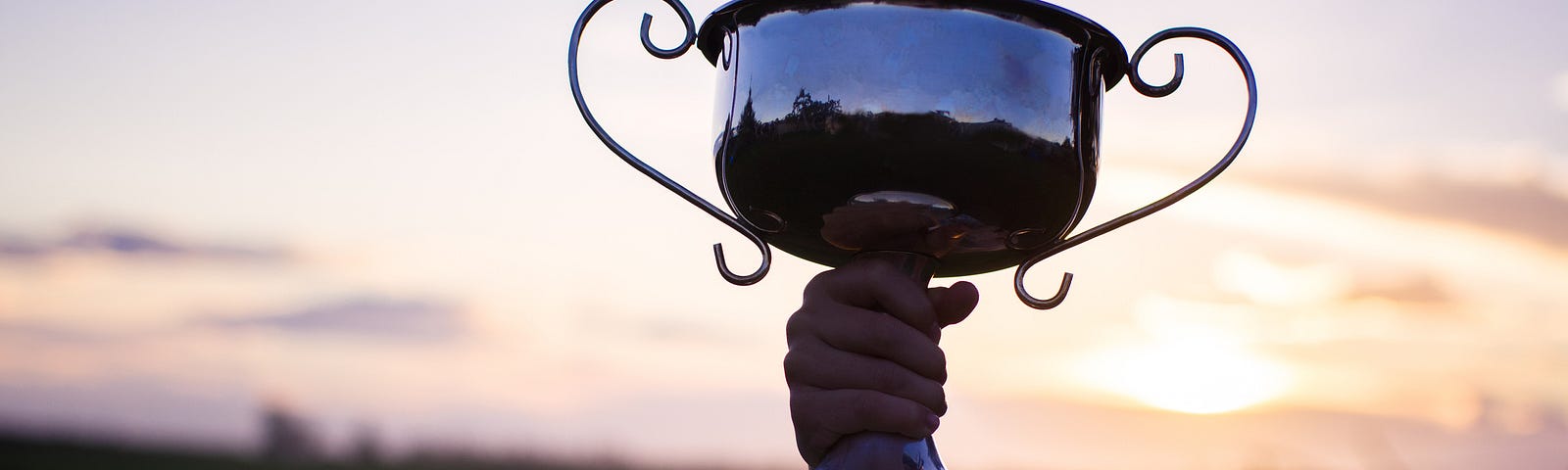 Child holding up a trophy against a sunset.