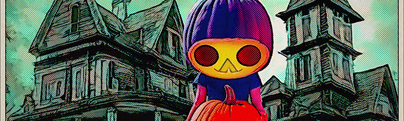 Pumpkin girl serves pumpkin outside creepy mansion