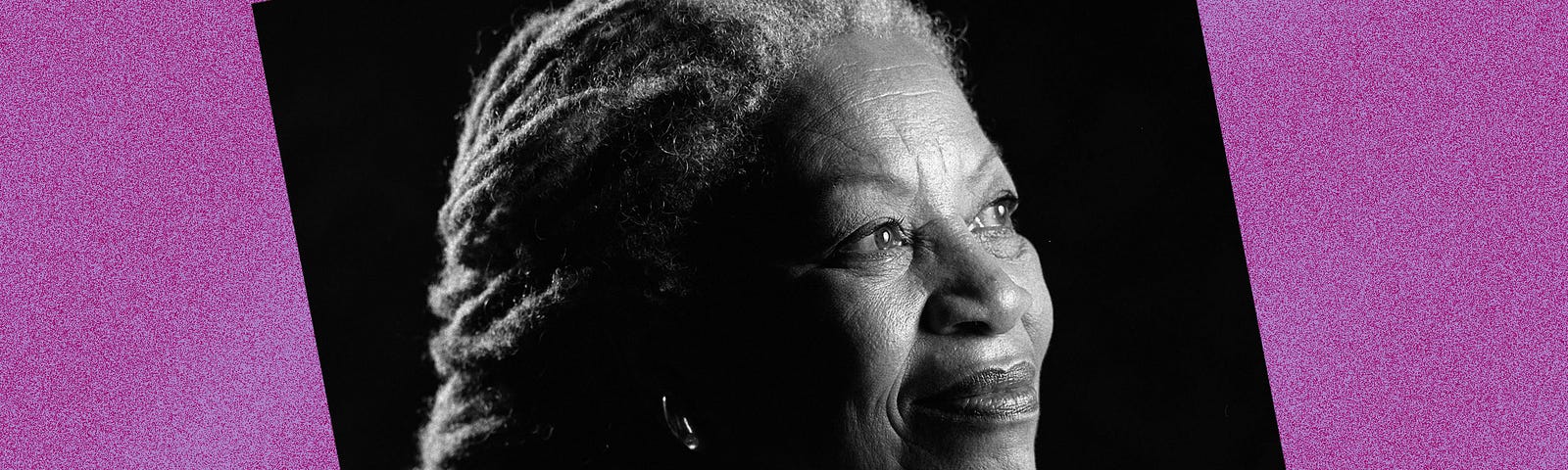 Black and white photo of Toni Morrison against a violet background.